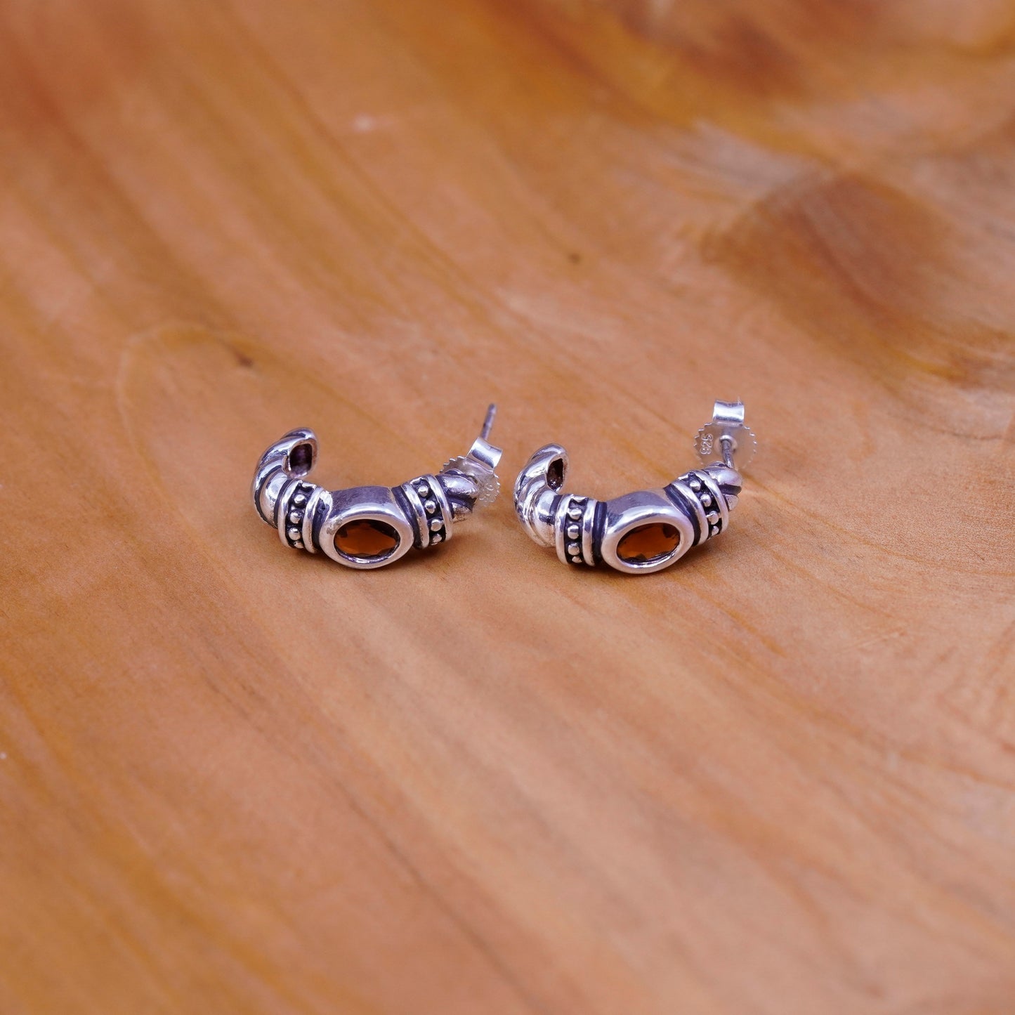 0.5”, vintage Sterling silver handmade earrings, 925 huggie hoops with ruby