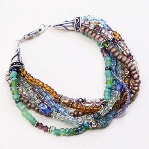 7.5”, Vtg Sterling Silver Handmade Bracelet, 925 Clasp W/ Colorful Beads
