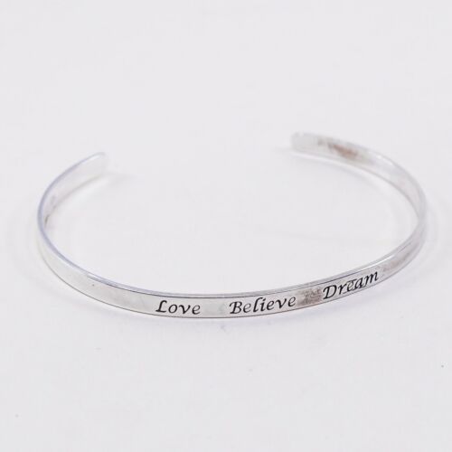 7.5”, Vintage Quote “love Believe Dream” Sterling 925 Silver Cuff Bracelet