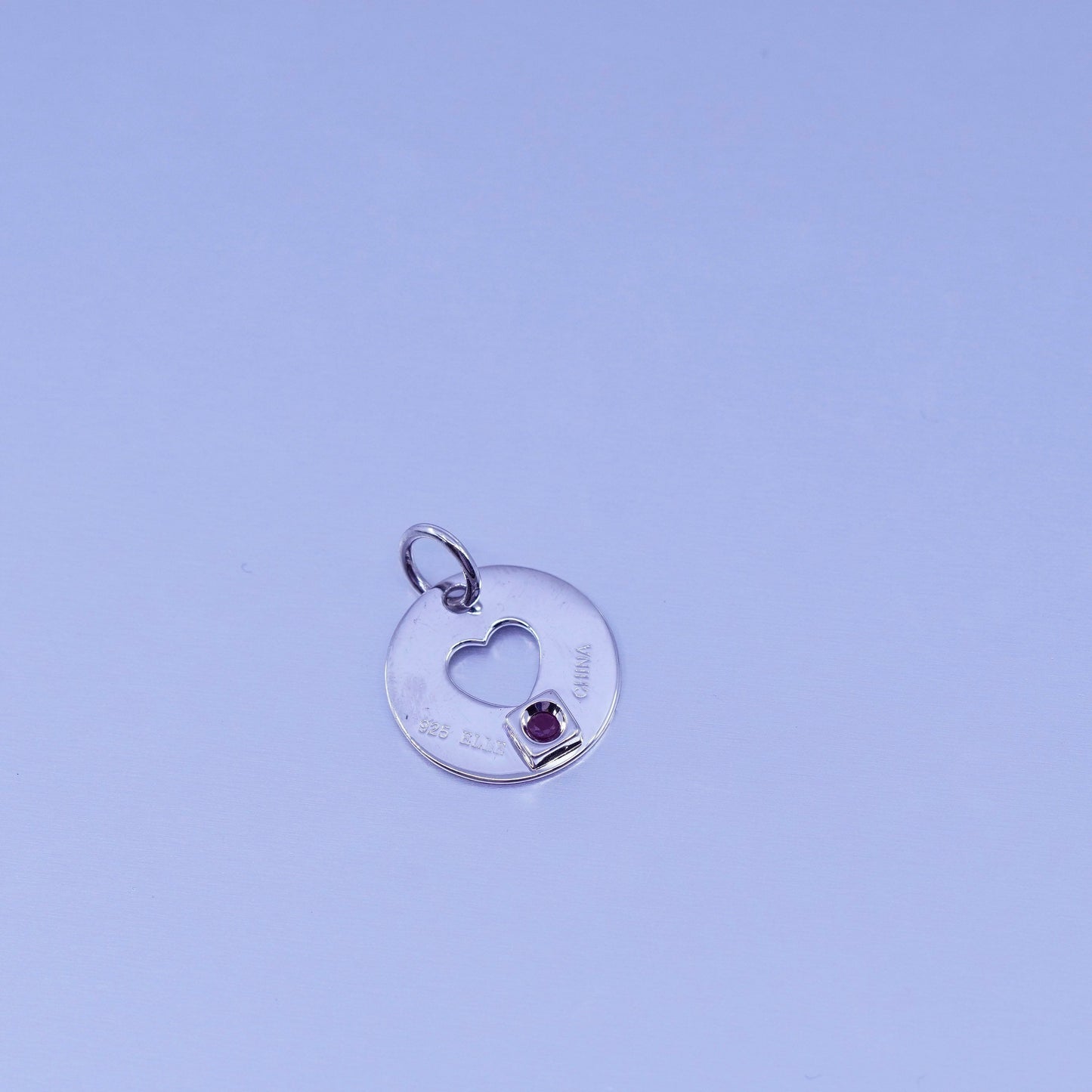 Elle Sterling silver handmade circle charm with heart cut out, 925 pendant ruby