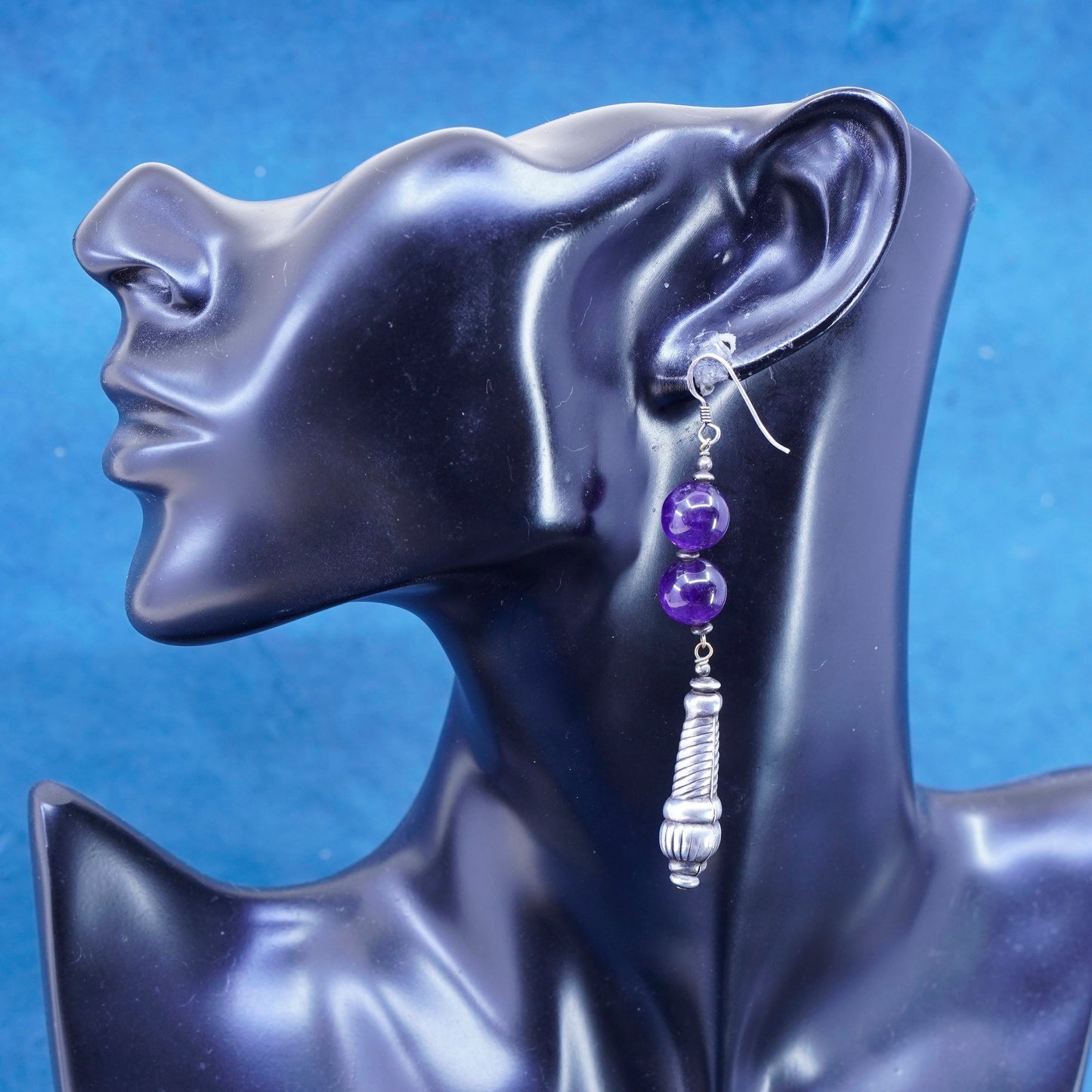 Vintage sterling silver handmade earrings, long 925 teardrop with amethyst