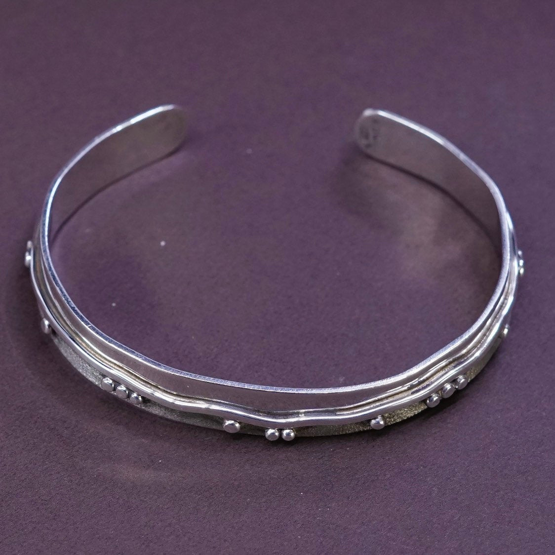 6.5", vtg JOR Sterling Silver Handmade Bracelet, modern 925 cuff w/ beads