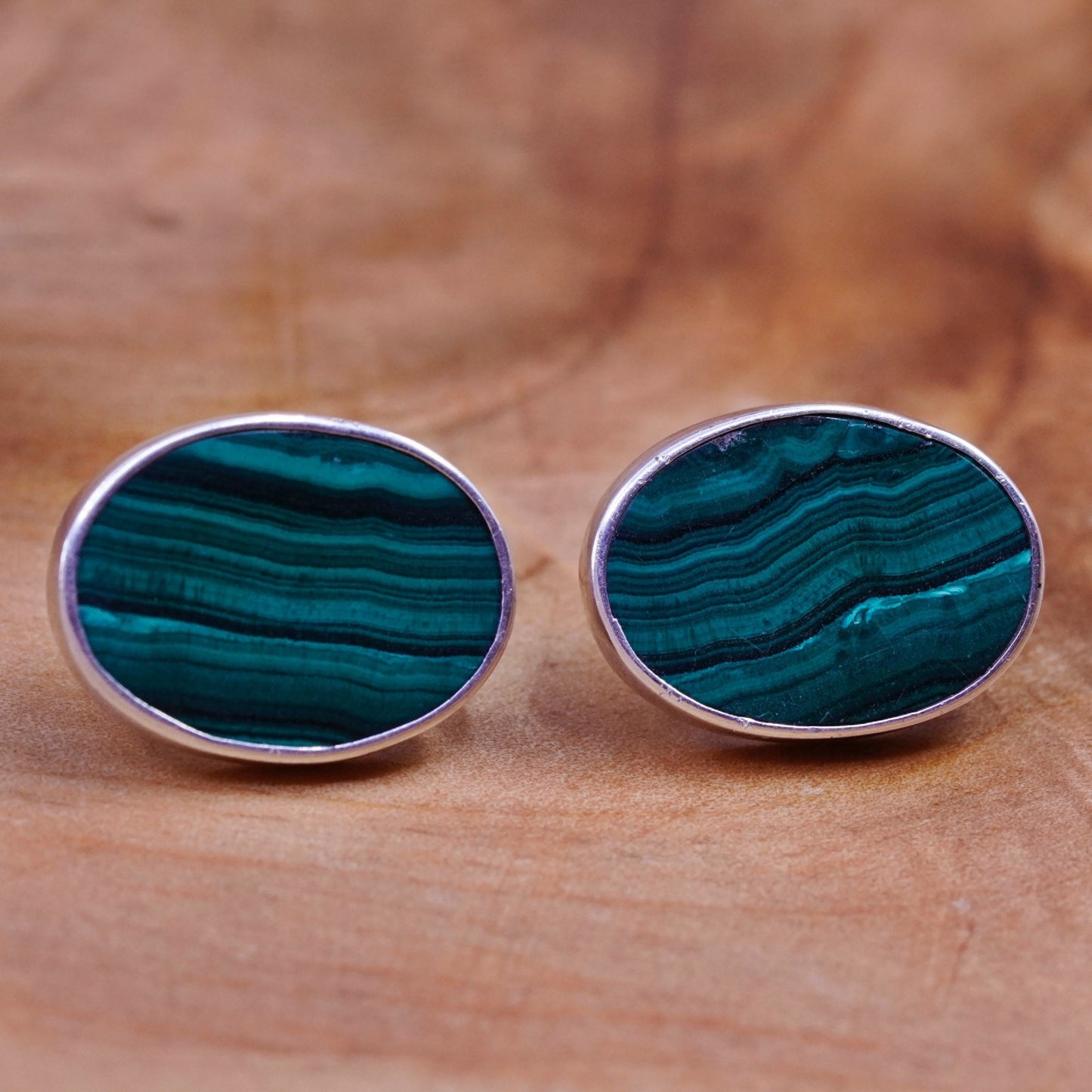 Mexico cerro blanco Sterling silver handmade earrings, 925 oval studs malachite
