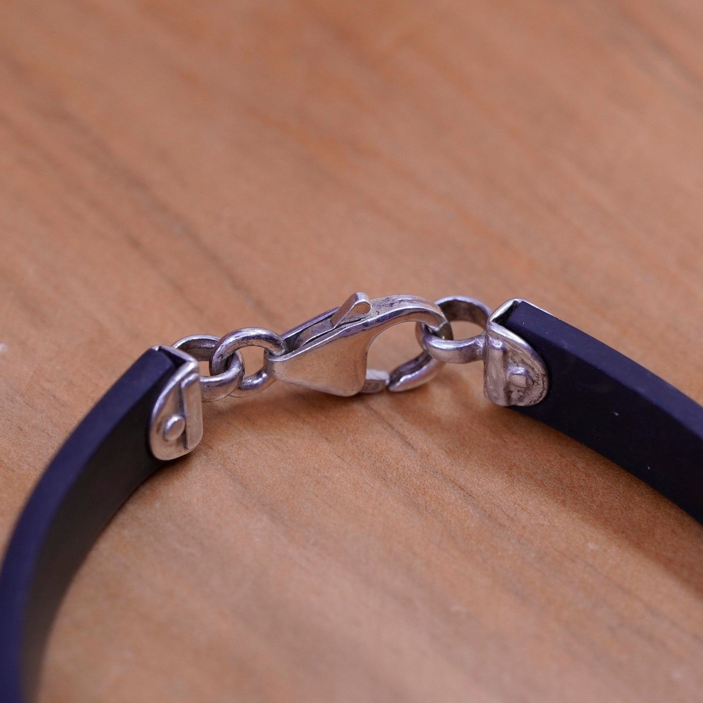 6.5”, vintage black rubber bracelet with sterling 925 silver hexagram charms