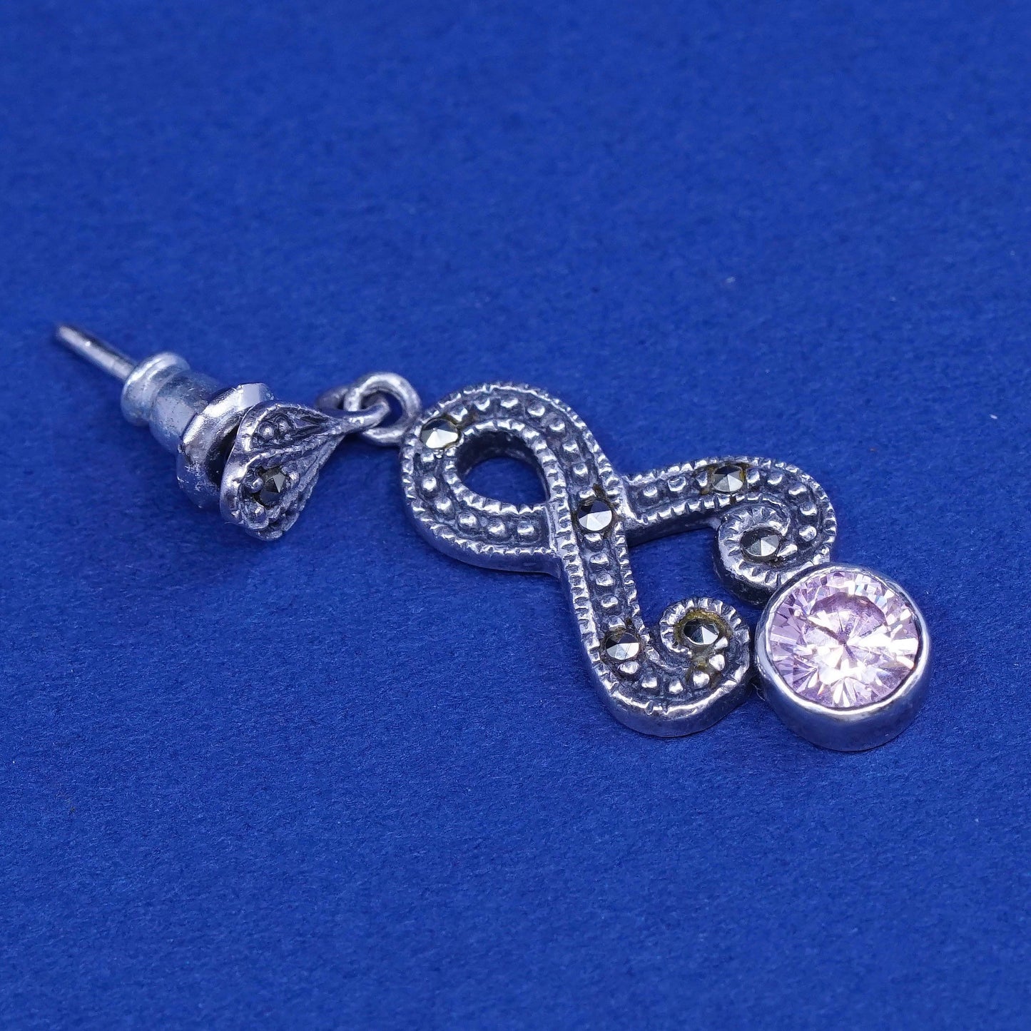 vtg sterling 925 silver handmade earrings w/ pink crystal M marcasite