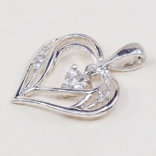 Vintage Sterling Silver Heart Pendant W/ Cz Dangle, Solid 925 Silver Charm