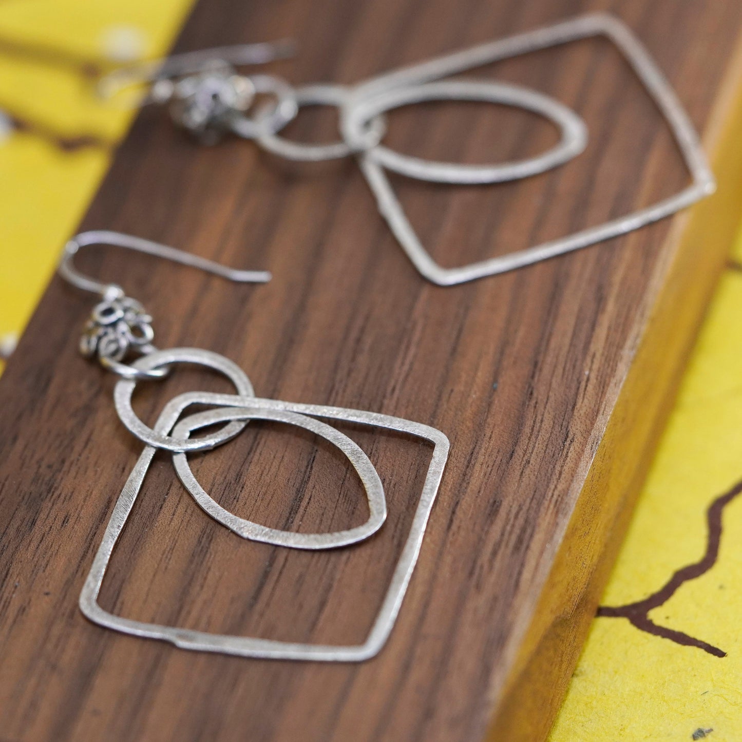 Vintage Sterling silver handmade earrings, matte 925 multi square dangle
