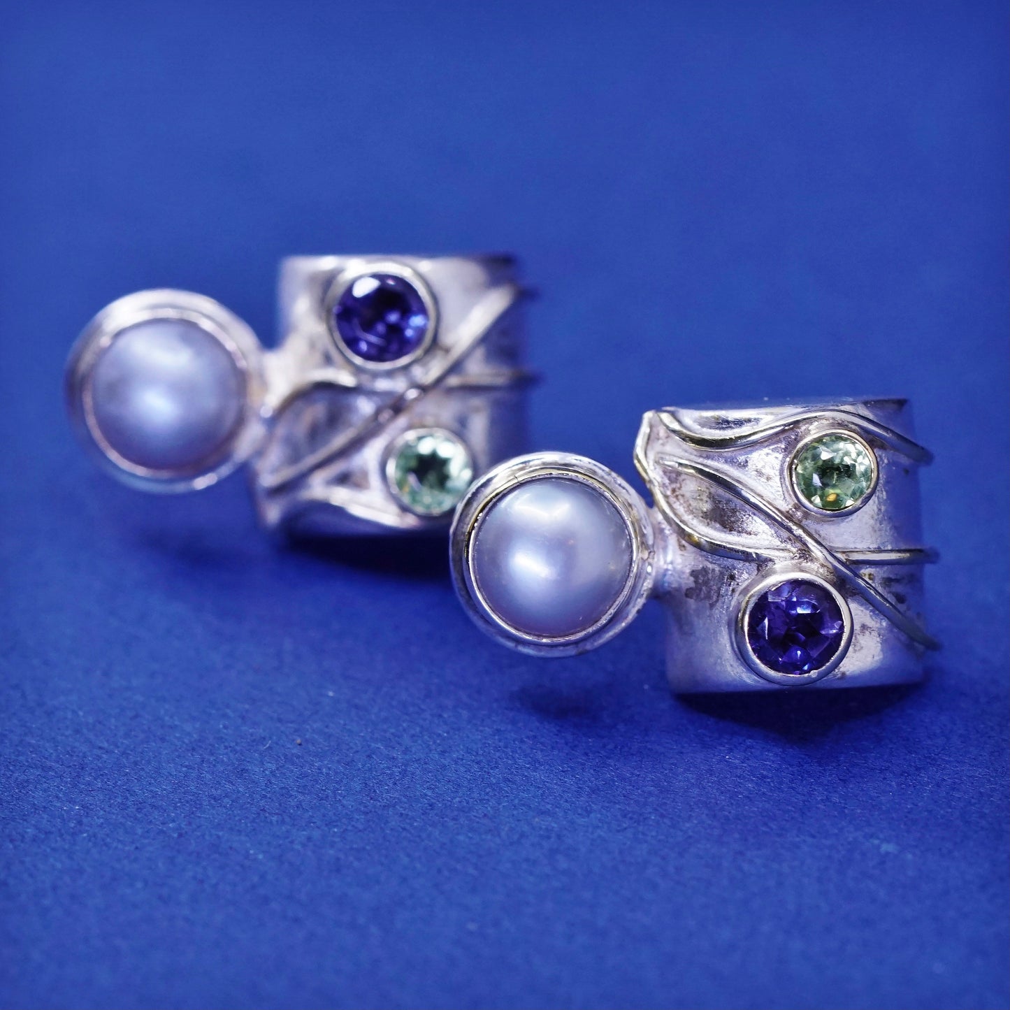 EP sterling silver handmade earrings, 925 studs with peridot amethyst and pearl