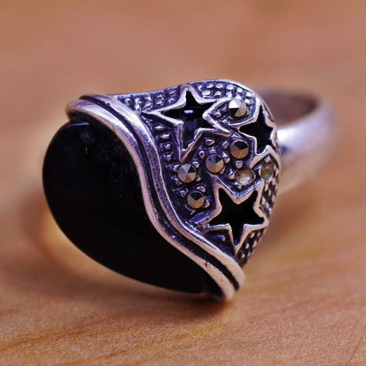 Size 7, vintage Sterling silver handmade ring with heart obsidian and marcasite