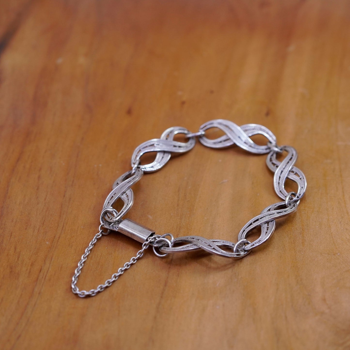 6.75”, vintage Sterling silver handmade bracelet, filigree infinity chain