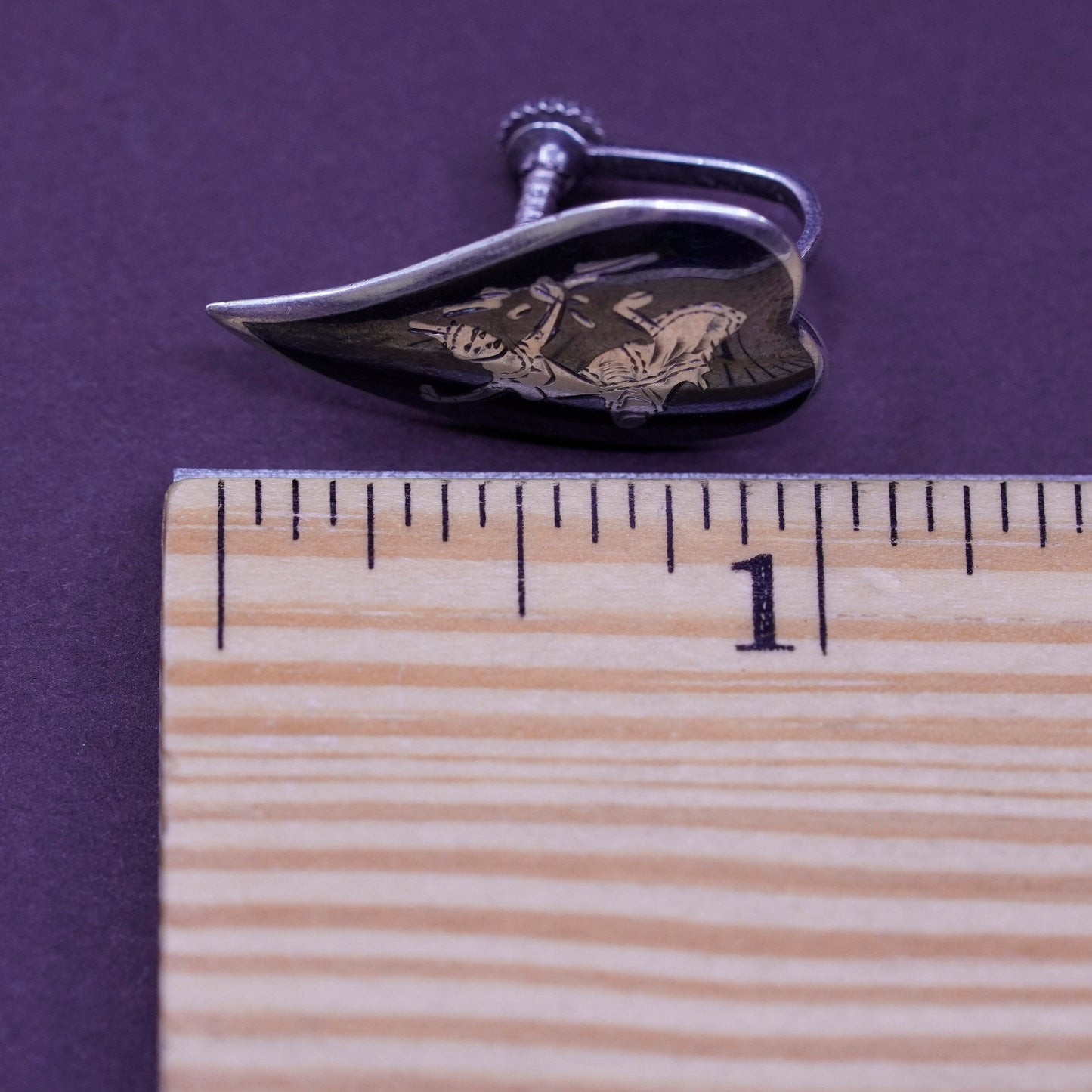 Vintage Siam sterling silver clip on earrings, 925 teardrop earrings, niello