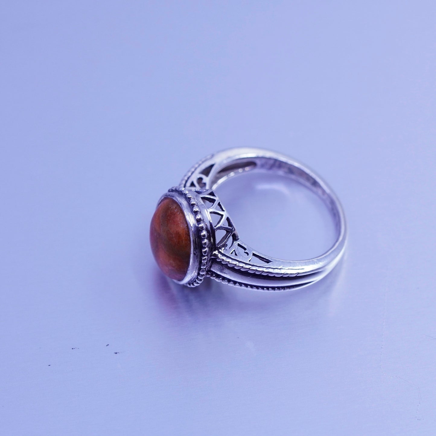 Size 7.25, vintage Sterling 925 silver handmade ring with red jasper and beads