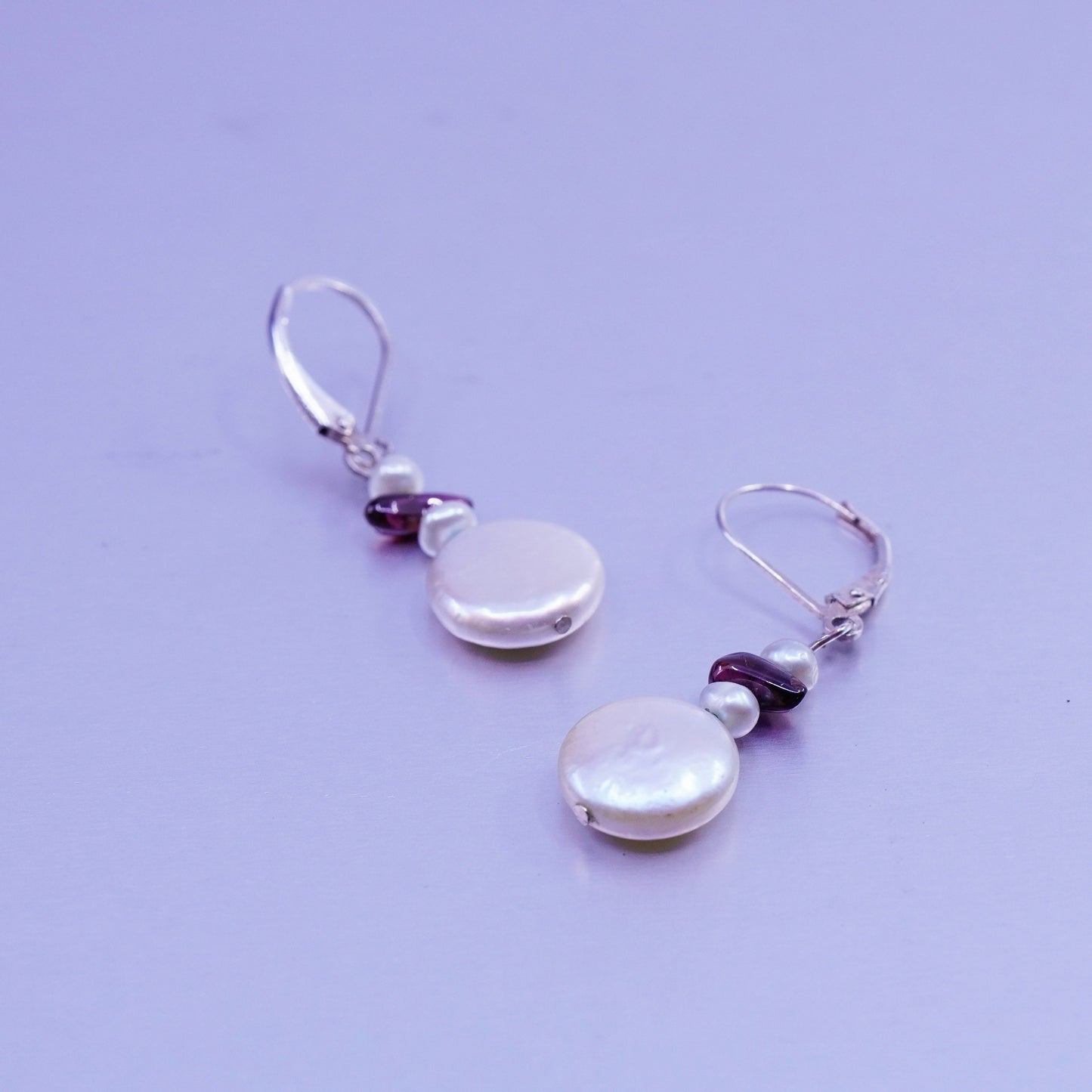 Vintage Sterling 925 silver handmade earrings freshwater coin pearl garnet
