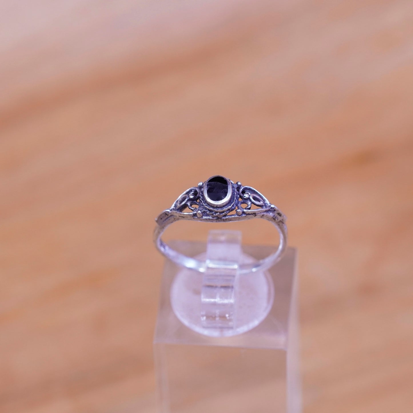 sz 6.75, vintage filigree Sterling 925 silver handmade ring with oval obsidian