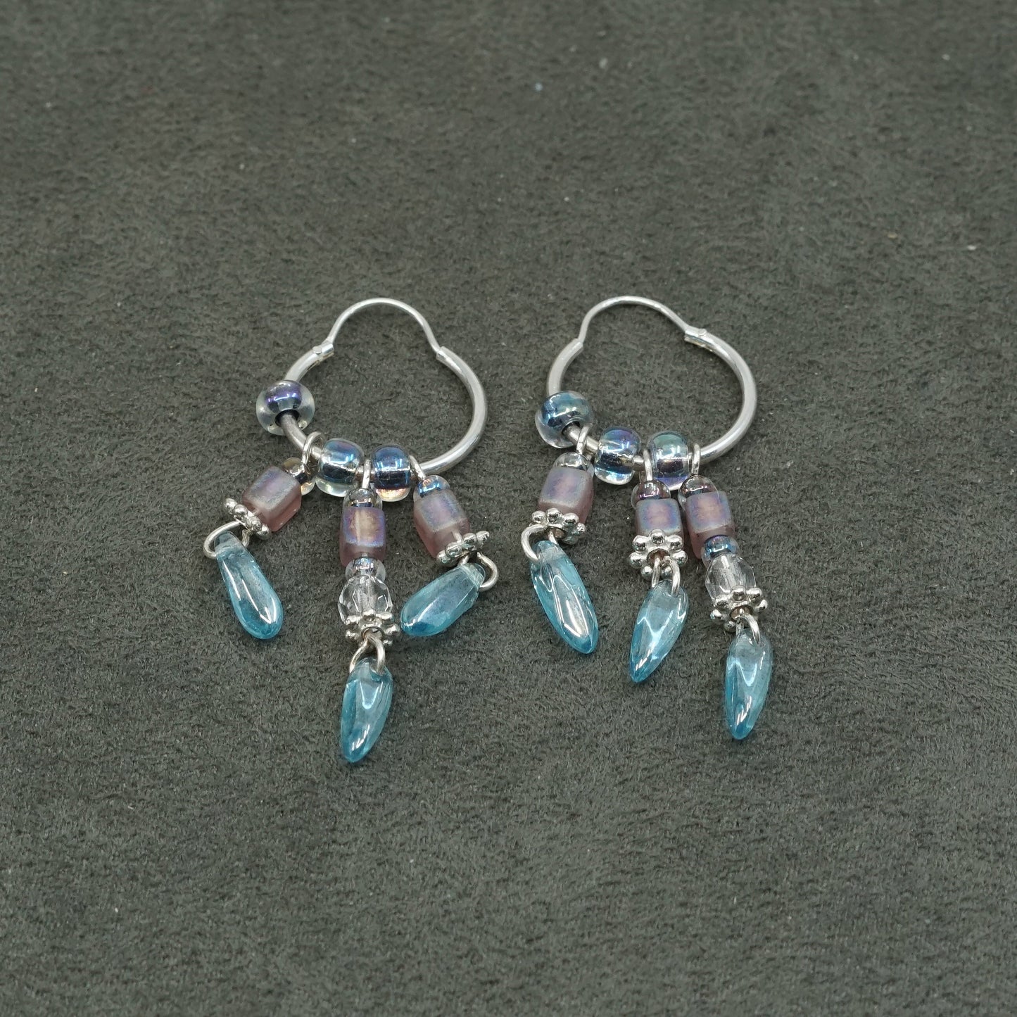 0.75", vtg Sterling silver handmade hoops, 925 earrings w/ fringe N crystal