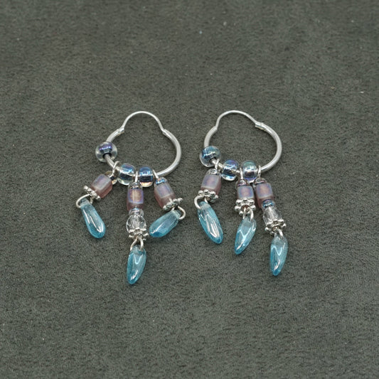 0.75", vtg Sterling silver handmade hoops, 925 earrings w/ fringe N crystal