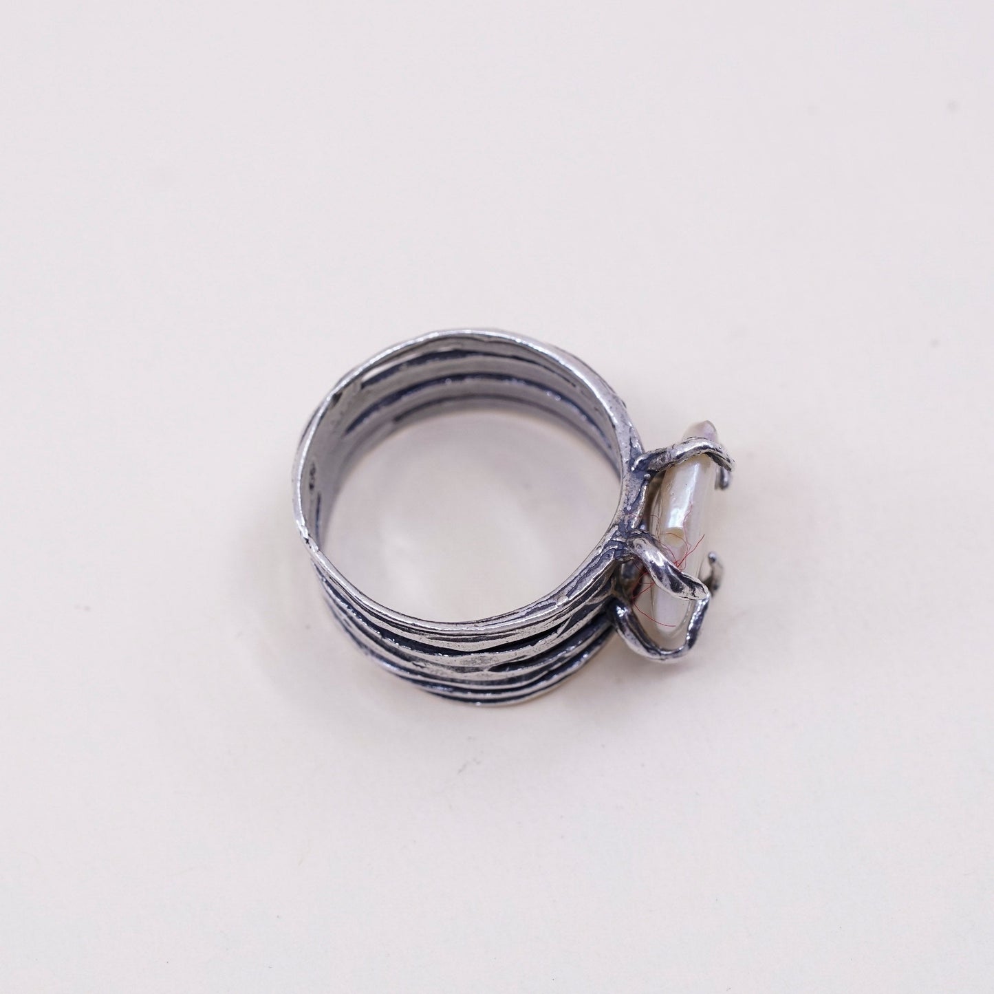 sz 8, vtg Israel Shube sterling silver ring, handmade 925 band with coin pearl
