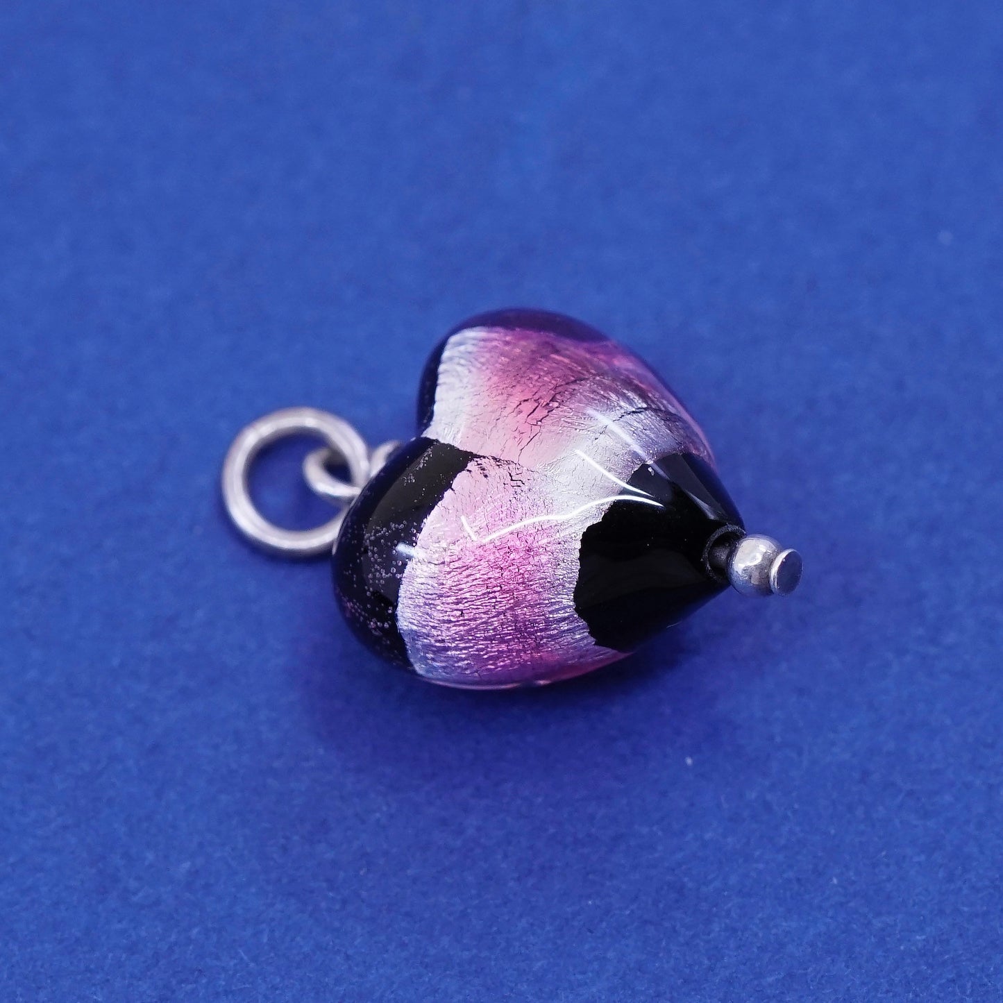 Vintage sterling silver handmade pendant, 925 with blue dichroic heart glass