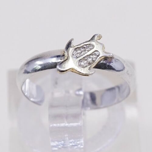 Sz 4, PCU Two Tone 14K Gold Turtle Sterling Silver Handmade Ring 925 Open Band