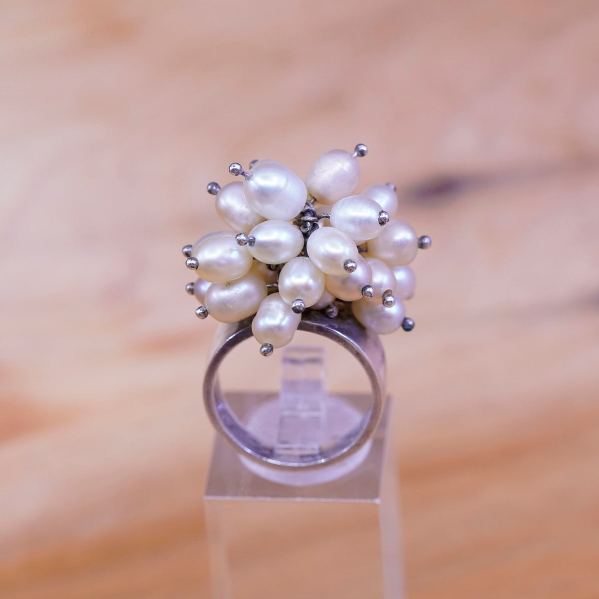 Size 7.25, vintage Sterling 925 silver handmade ring with cluster pearl