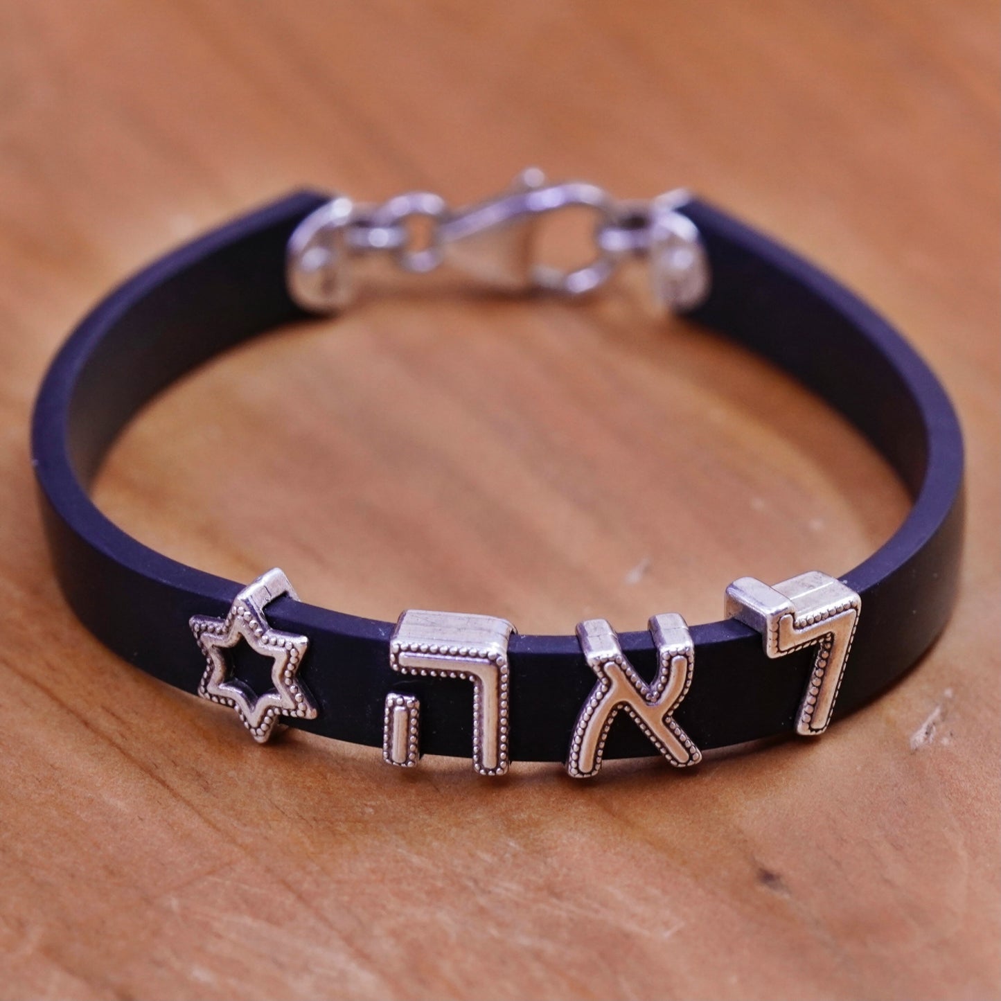 6.5”, vintage black rubber bracelet with sterling 925 silver hexagram charms