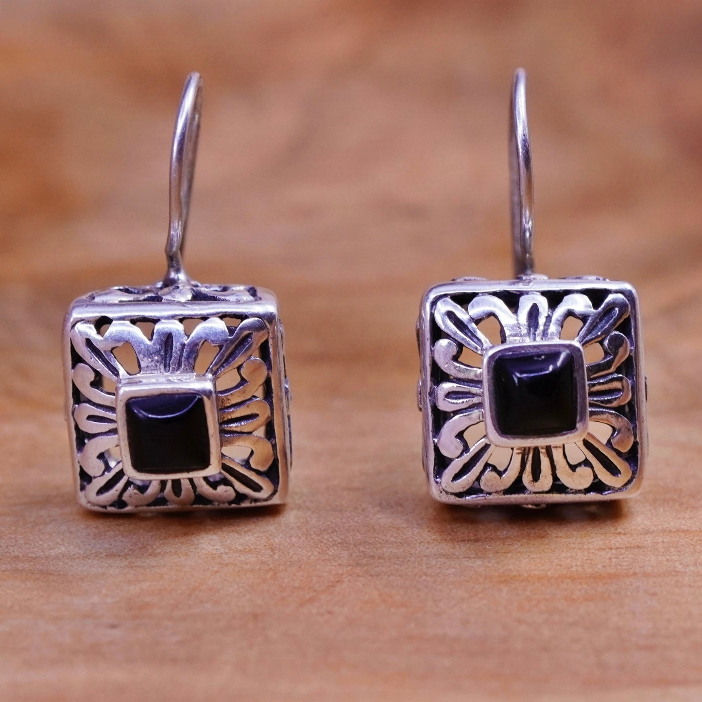 Vintage Sterling 925 silver handmade earrings with square obsidian and beads