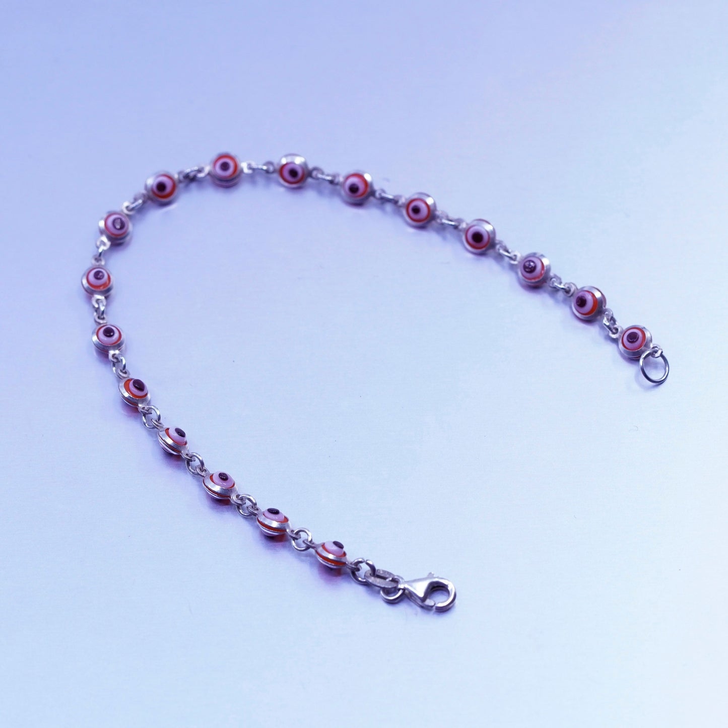 7”, Sterling 925 silver handmade bracelet chain with red evil eye glass beads