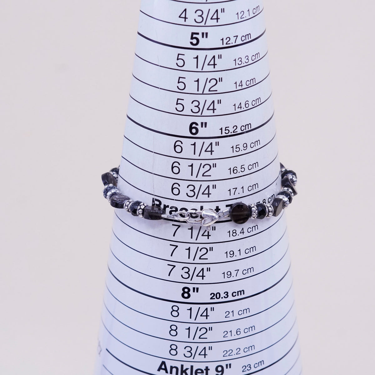 7”, sterling silver handmade bracelet, 925 beads w/ smoky crystal N heart clasp