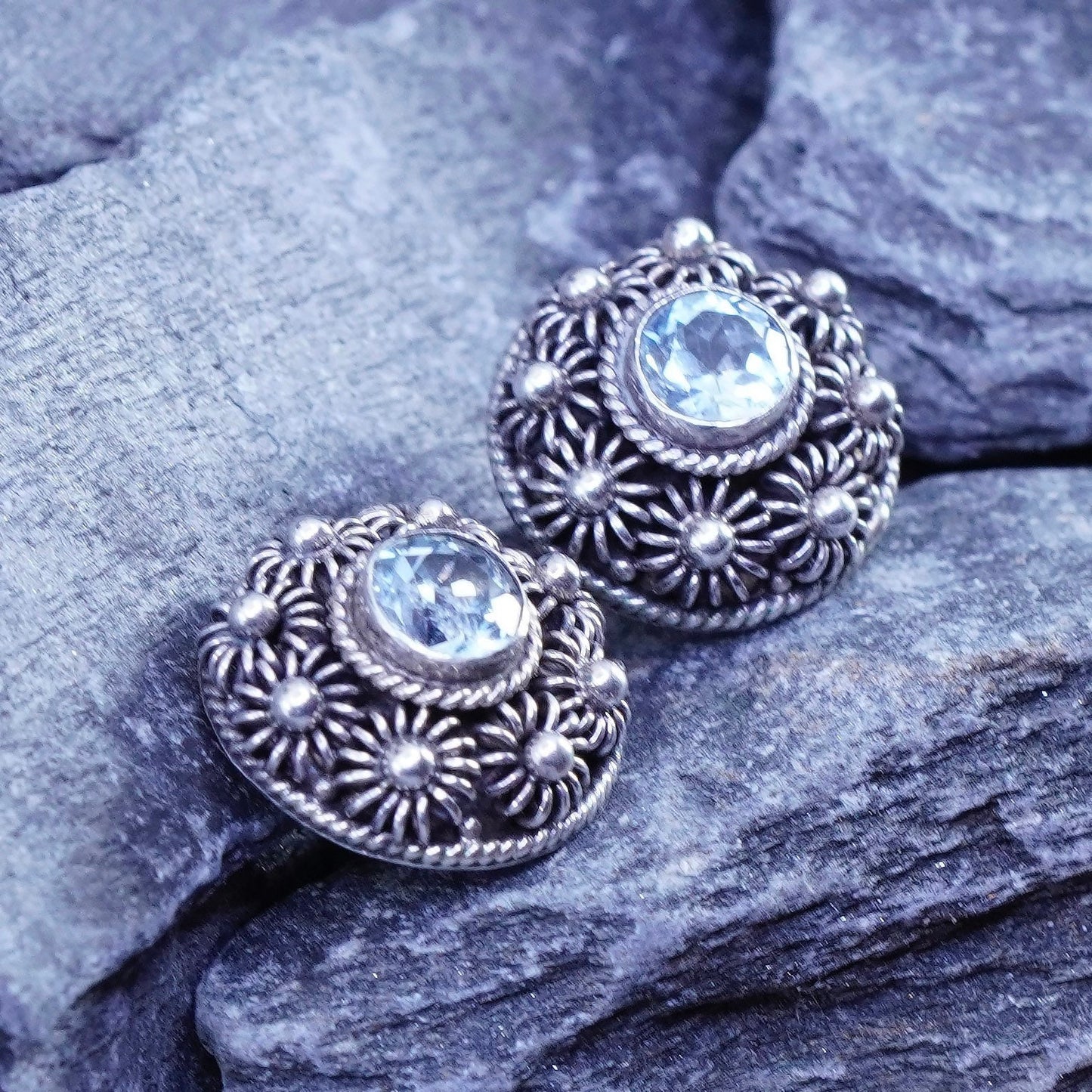 Vintage sterling silver handmade earrings, 925 flower studs with topaz