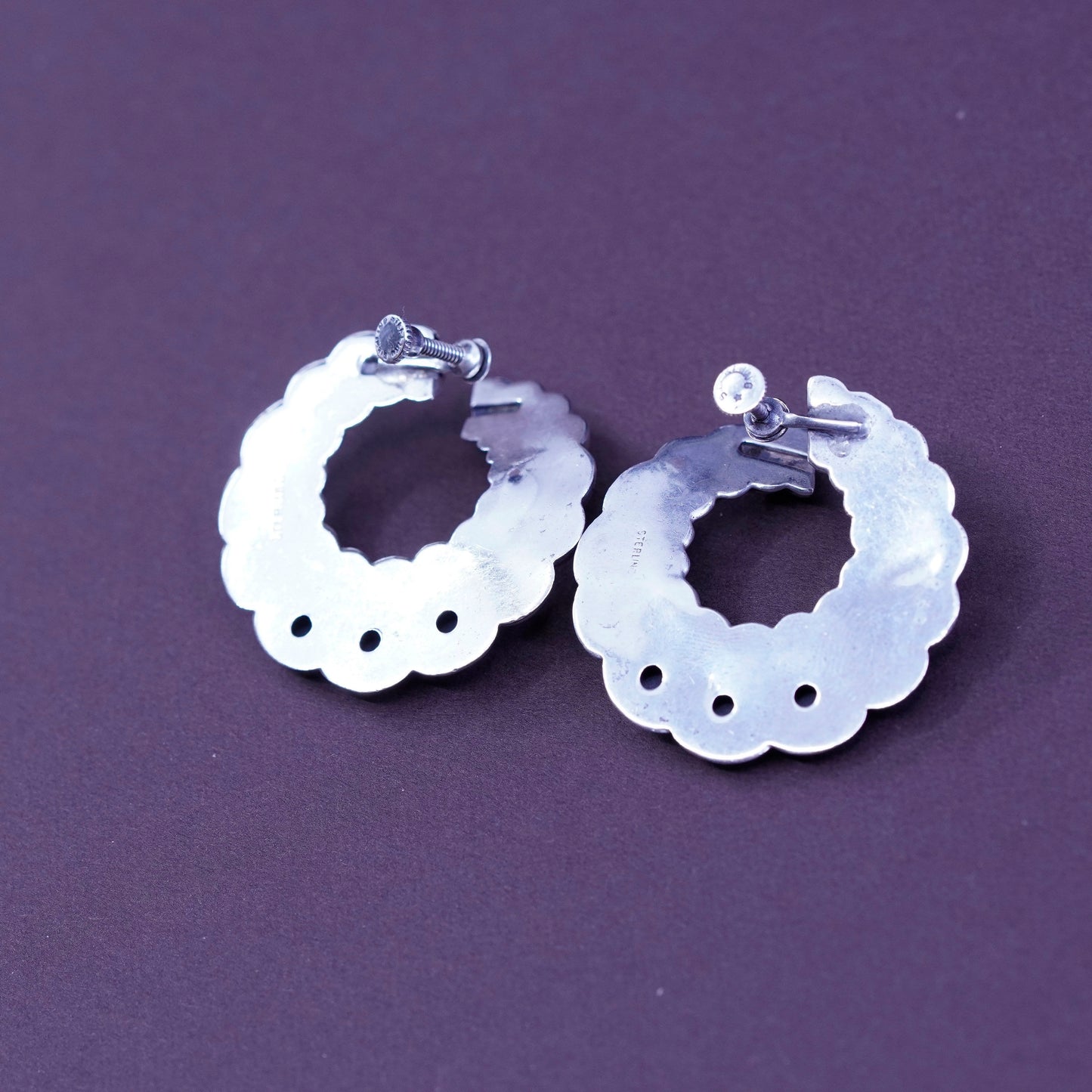 Vintage Sterling silver handmade screw back earrings, twisted 925 ribbed circle