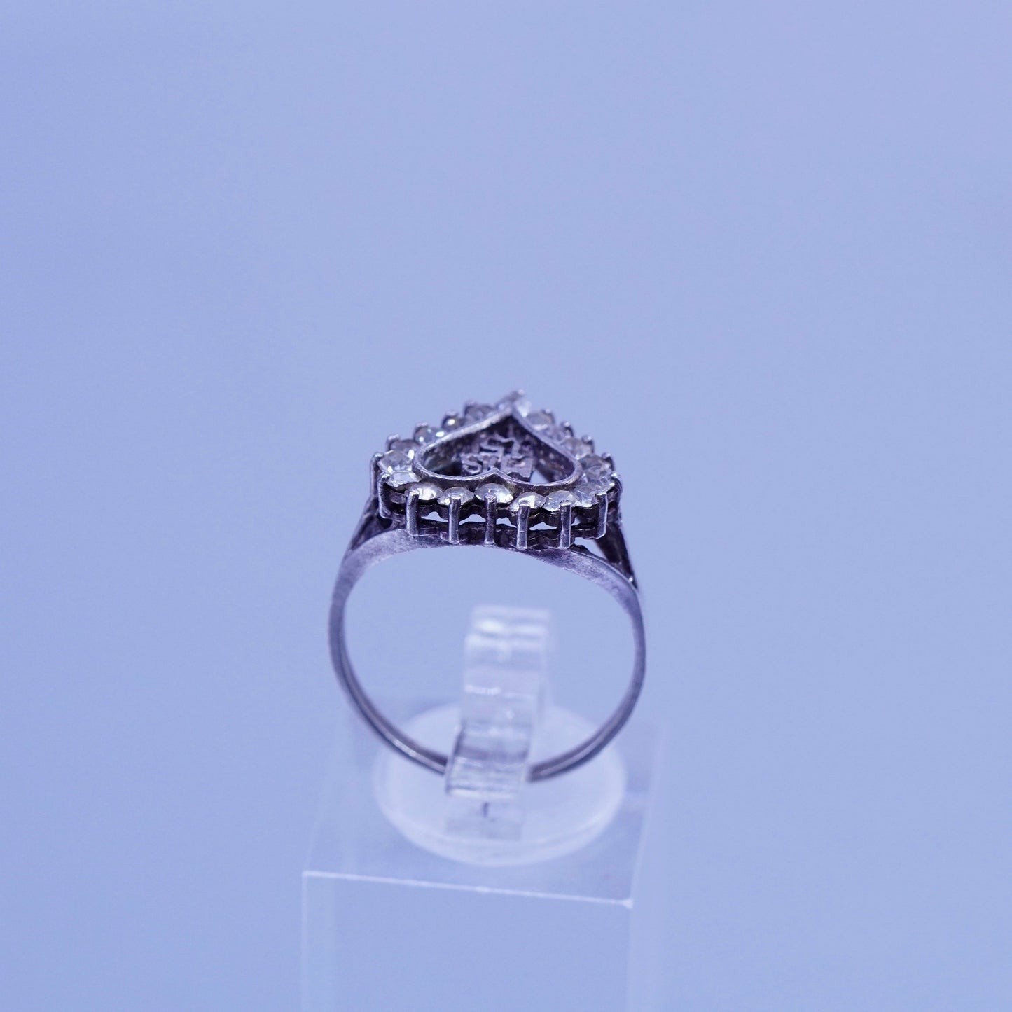 Size 7.5, vintage Avon Sterling 925 silver engagement ring with Cz and “mis 15”