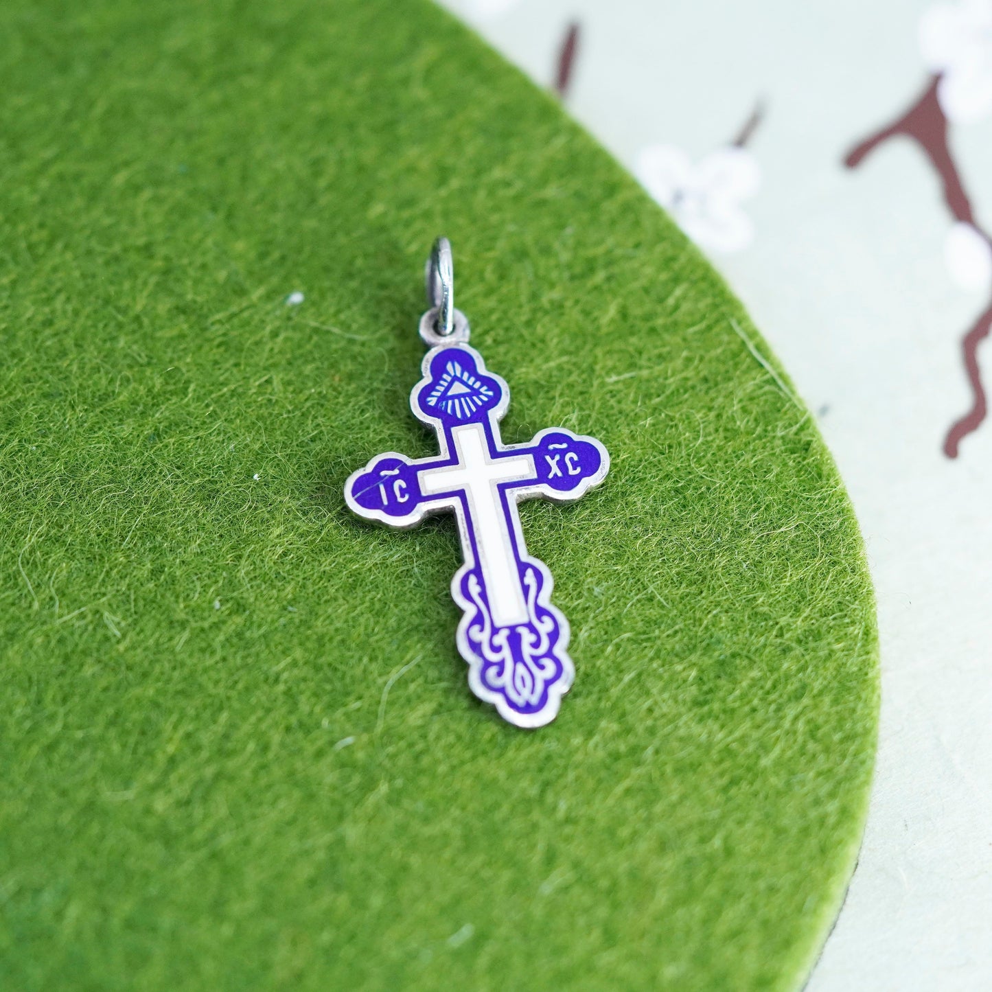 Vintage Sterling 925 silver handmade cross pendant with blue enamel