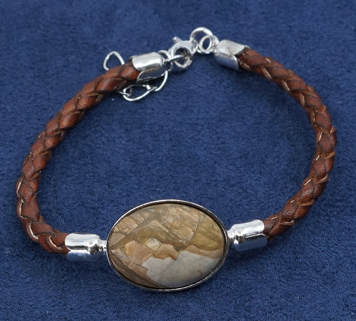 7”+1”, vtg Sterling silver handmade bracelet, 925 bangle w/ brown leather