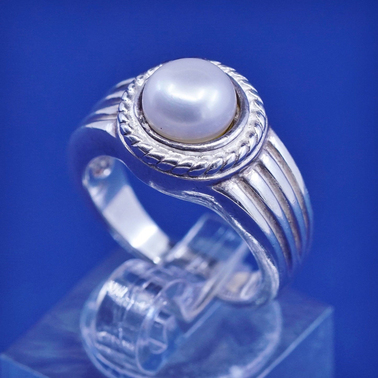 sz 5.75, vtg sterling silver handmade ring, 925 Ribbed band w/ pearl