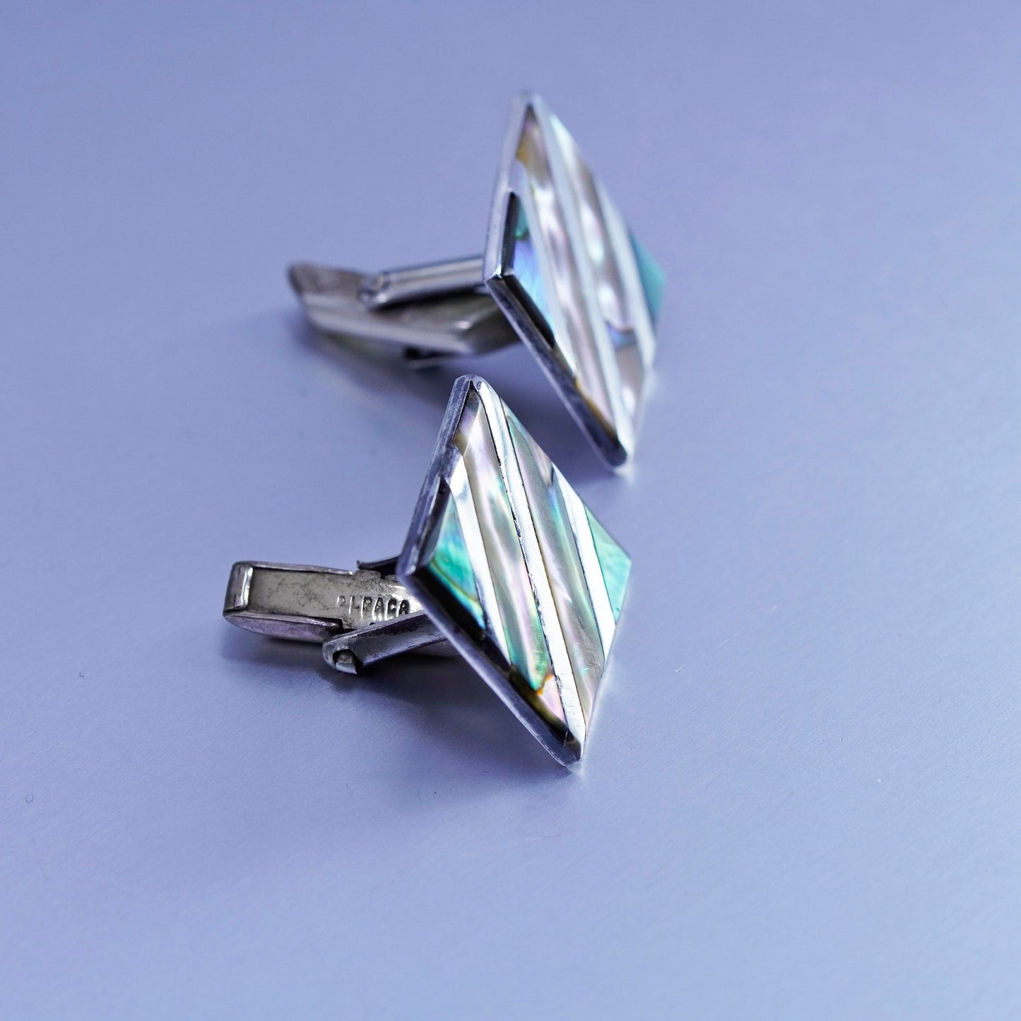 vtg CBL Mexico sterling silver handmade cuff link, 925 square cufflink abalone