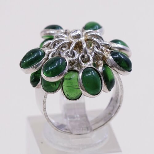 Sz 8.25, Vtg Sterling Silver Handmade Ring, 925 Flower W/ Green Cluster Glass