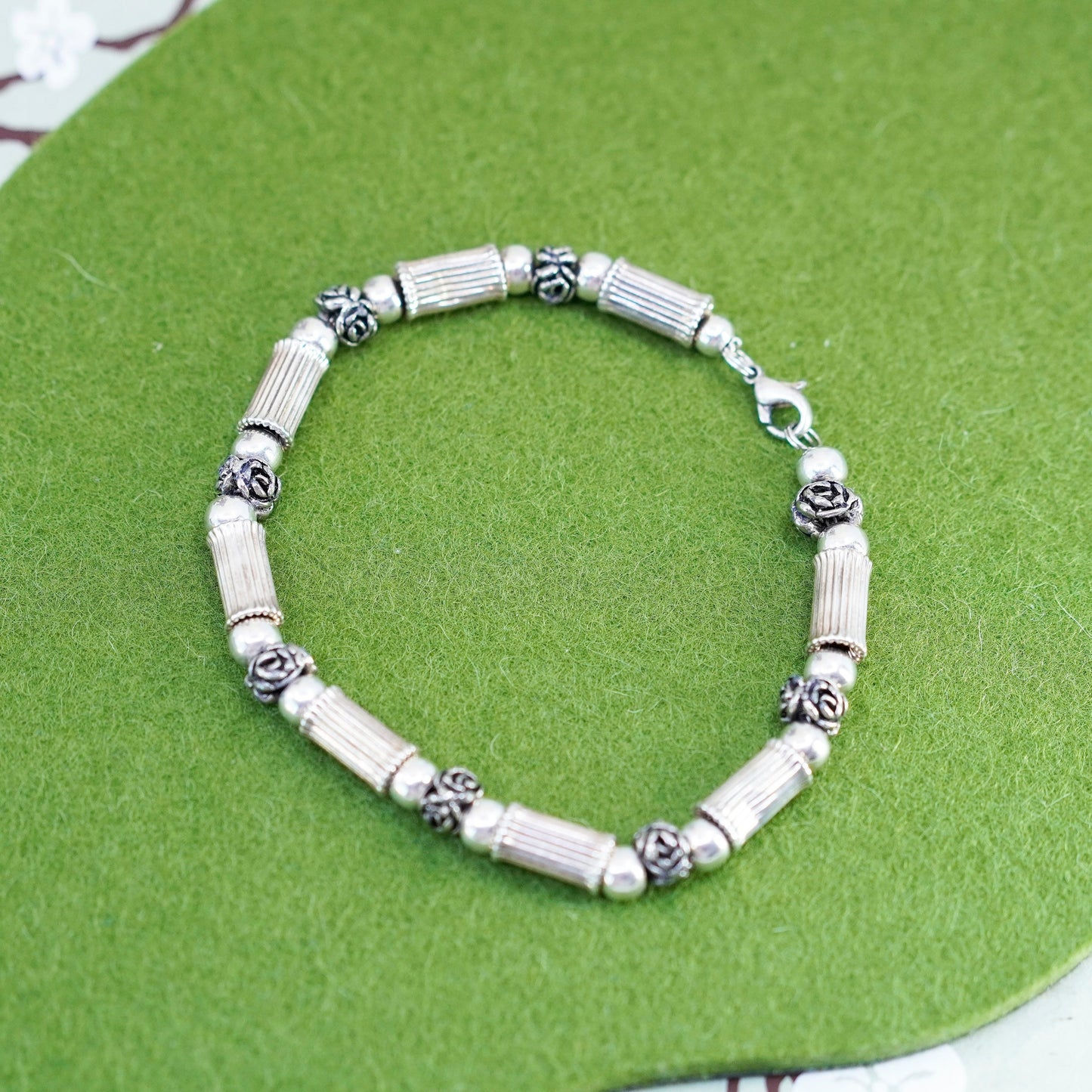 8.5”, 6mm, Vintage sterling silver handmade bracelet, 925 tube and beads chain