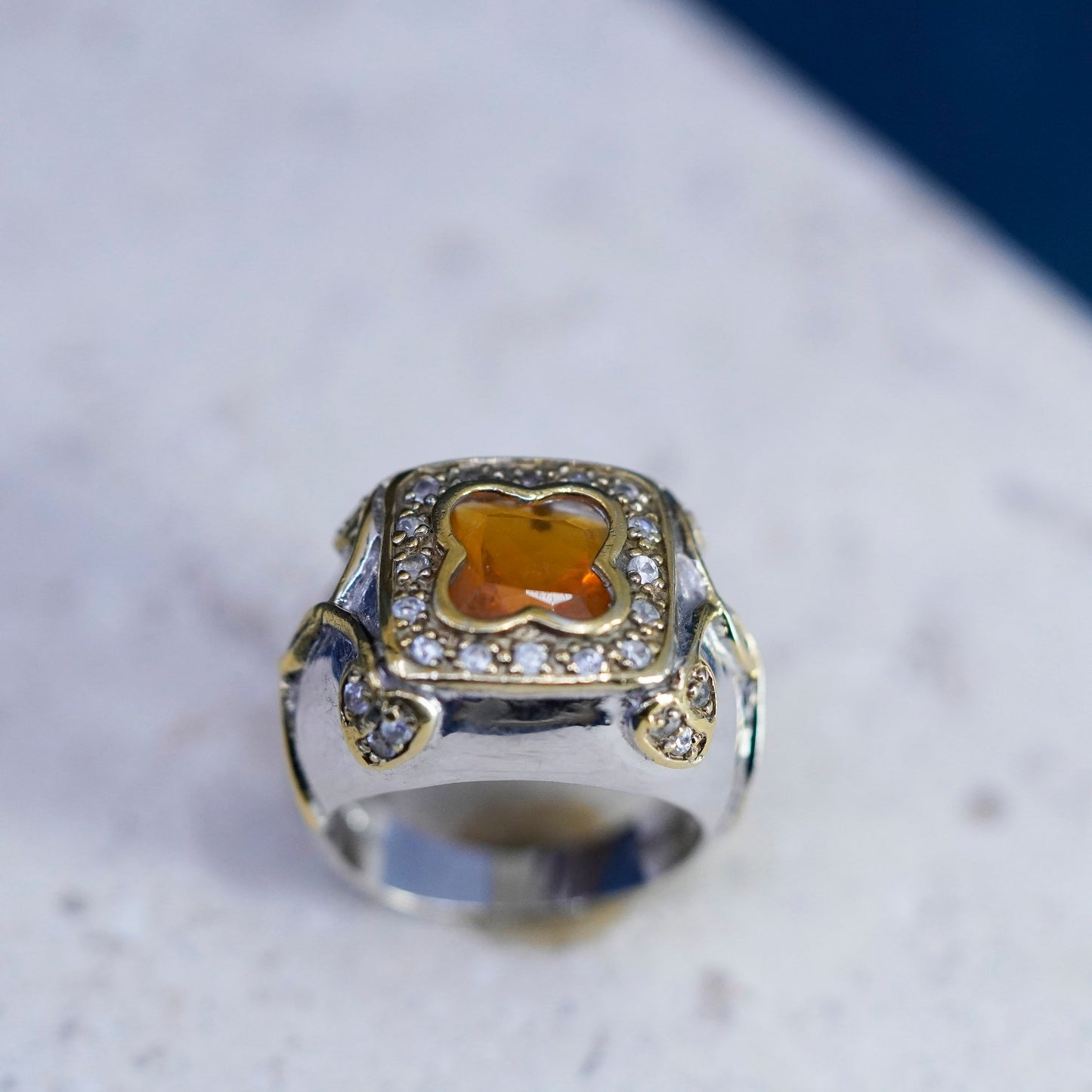 Size 7 vintage two tone Sterling 925 silver statement ring citrine white topaz
