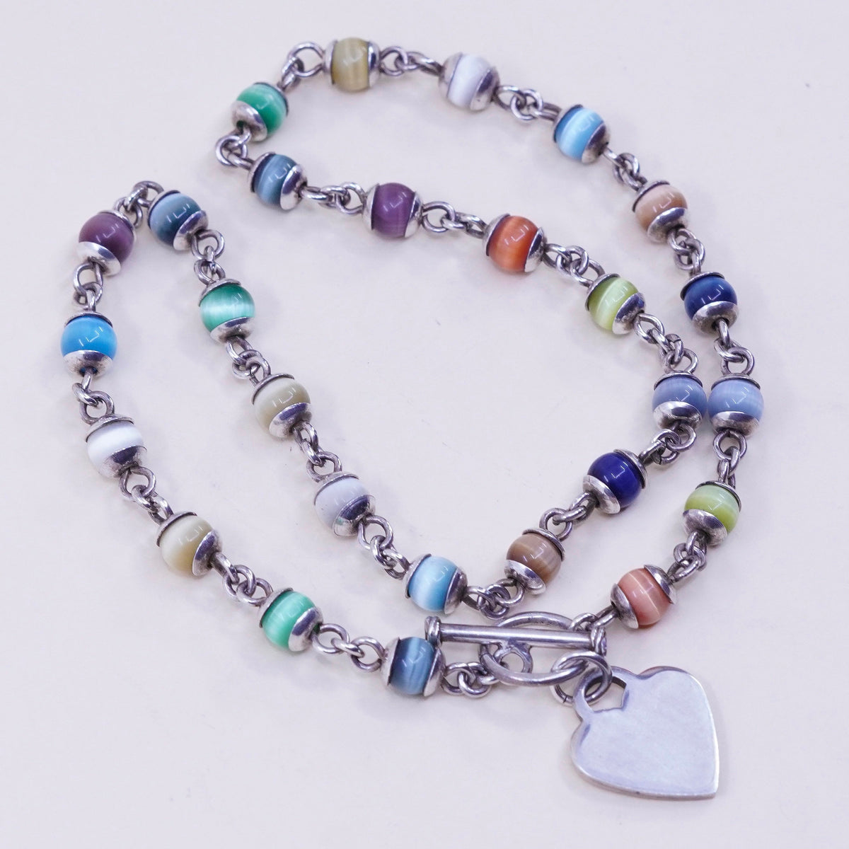 16”, sterling silver handmade necklace, colorful tiger eye beads heart charm