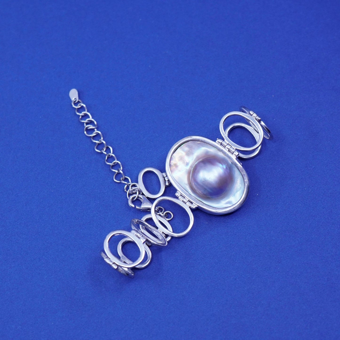 7.25+2”, vintage LUC Sterling silver handmade circle bracelet with blaster pearl
