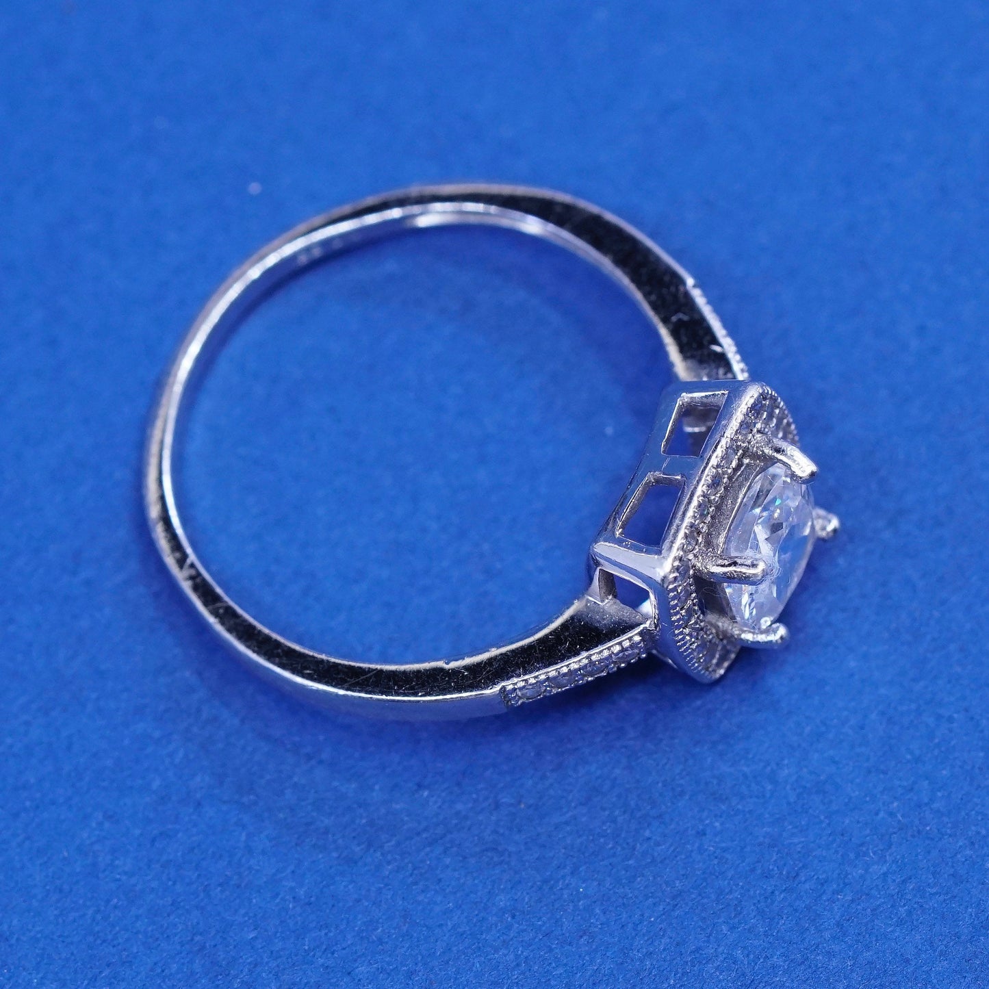 sz 9.25, vtg Sterling 925 silver engagement ring, w/ clear cz around