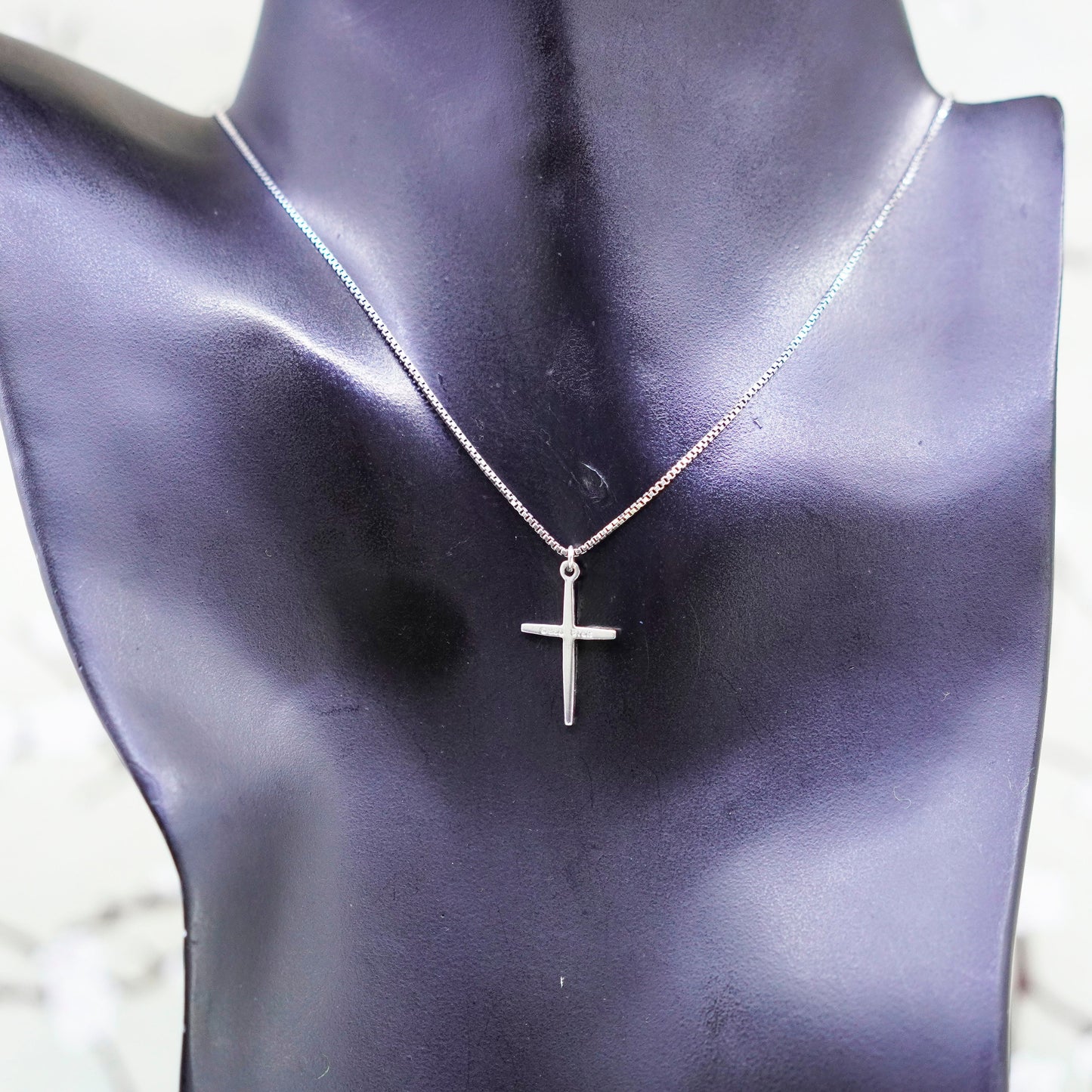 18”, vintage sterling silver handmade necklace, 925 box chain w/ cross Pendant