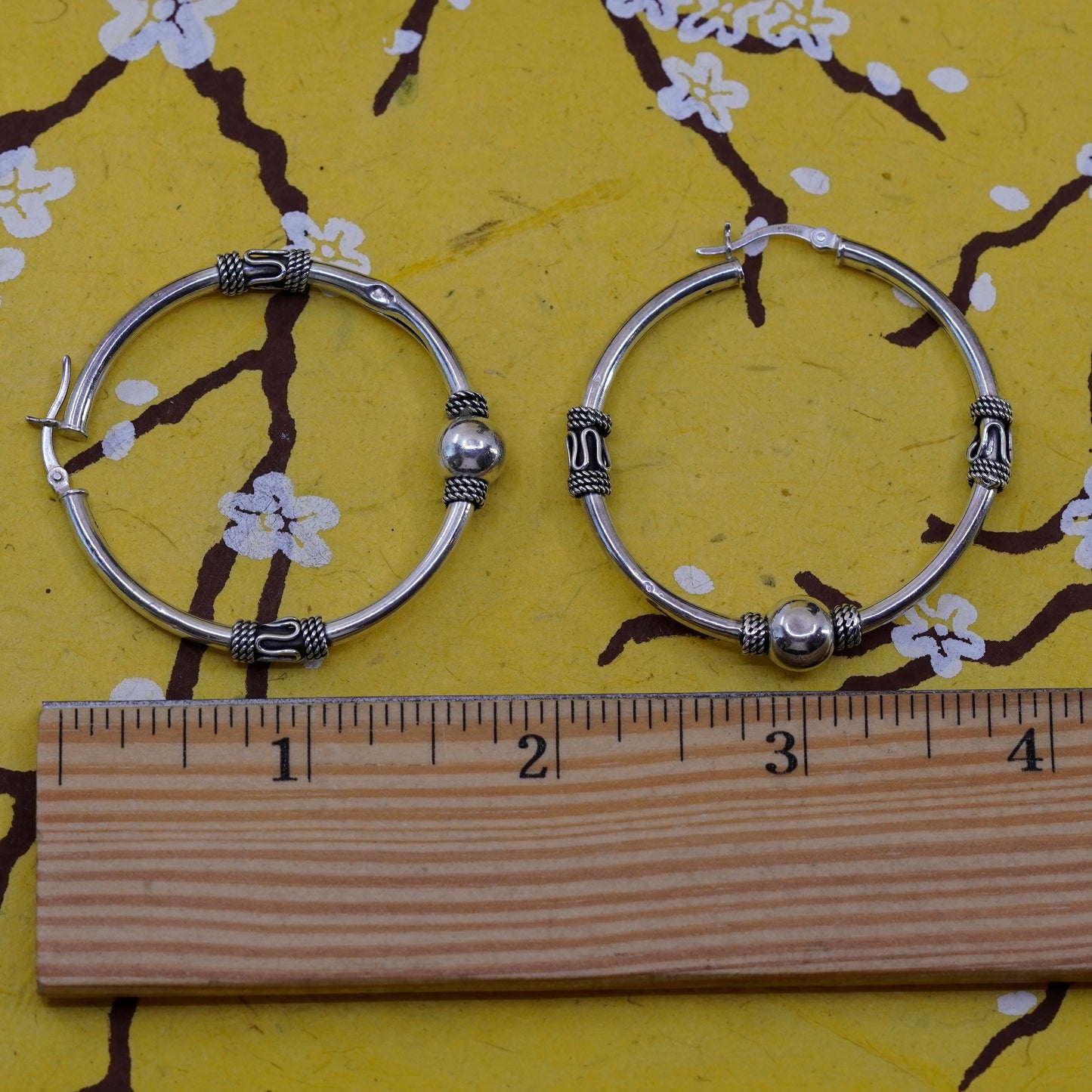 1.75”, vintage Sterling silver handmade earrings, huge Bali 925 hoops