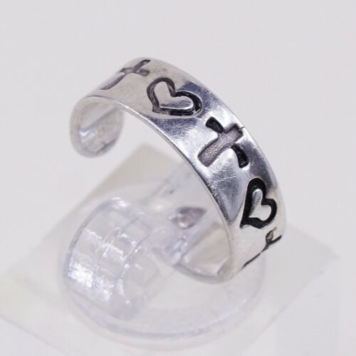 Sz 3.75, Vtg Sterling Silver Handmade Ring, 925 Silver Pinky Band W/ Heart Cross