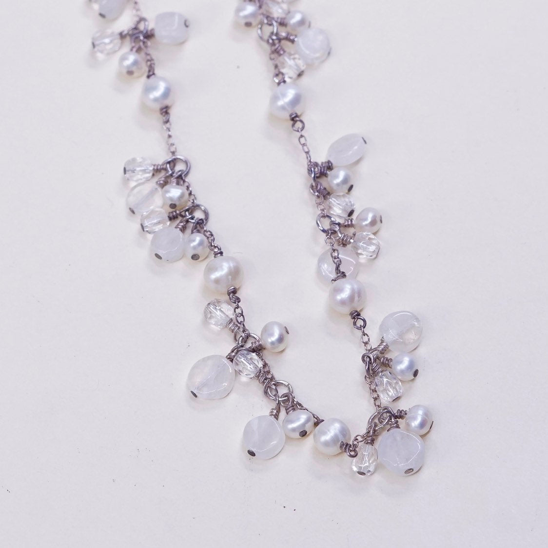 16", vtg handmade Sterling silver Circle necklace w/ pearl moonstone beads