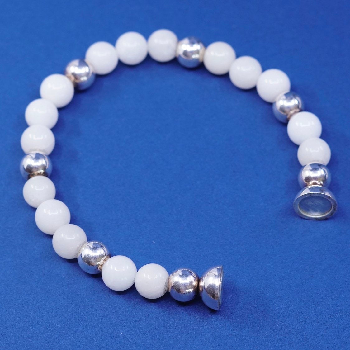 6.5", 7mm, vtg milor Sterling 925 Silver Handmade Bracelet w/ white quartz