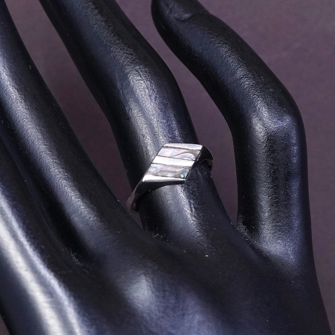 sz 5, vtg sterling silver handmade ring, 925 band with abalone