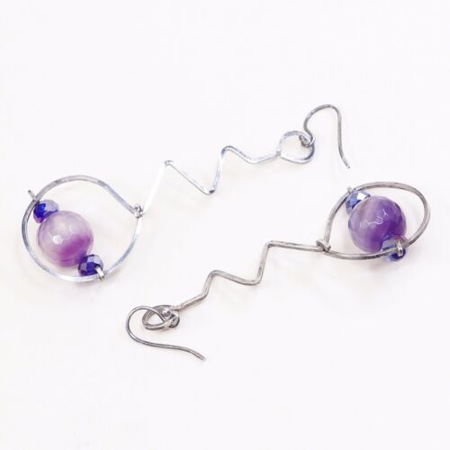 Vtg STERLING 925 SILVER Modern Handmade earrings with Fluorite dangles