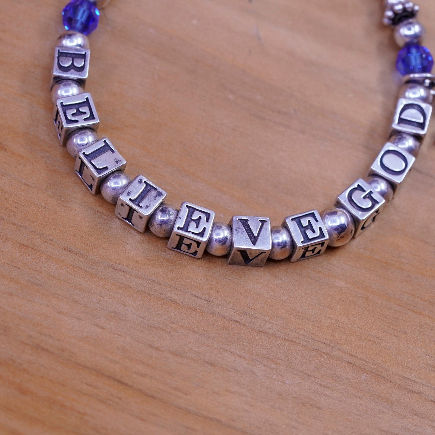 7”, Sterling 925 silver bracelet amethyst beads “believe god” cubes cross charm