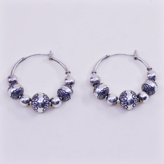 1.25”, Vintage sterling 925 silver loop handmade earrings textured beaded hoops